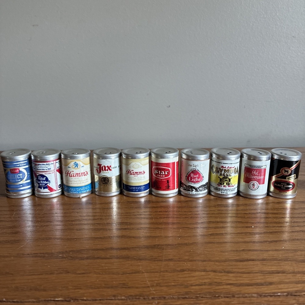 Vintage Mini Beer Can Salt & Pepper Shakers Lot Of 10 Novelty 60s 70s Rare